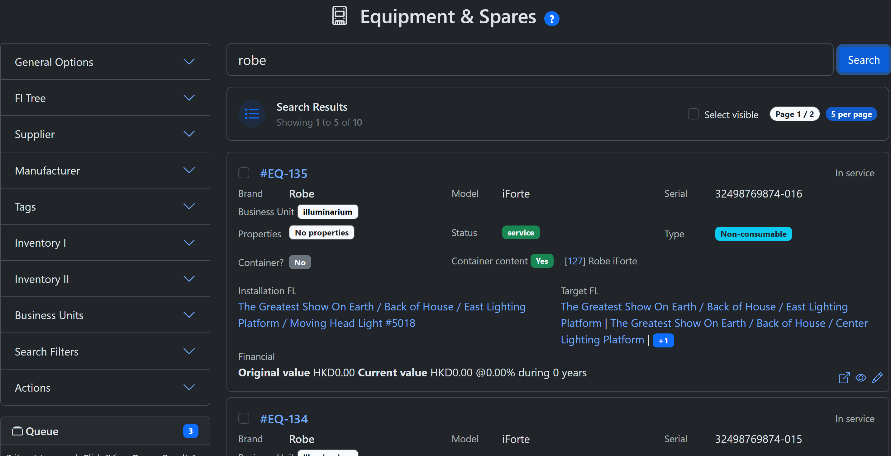 Equipment and spares screenshot