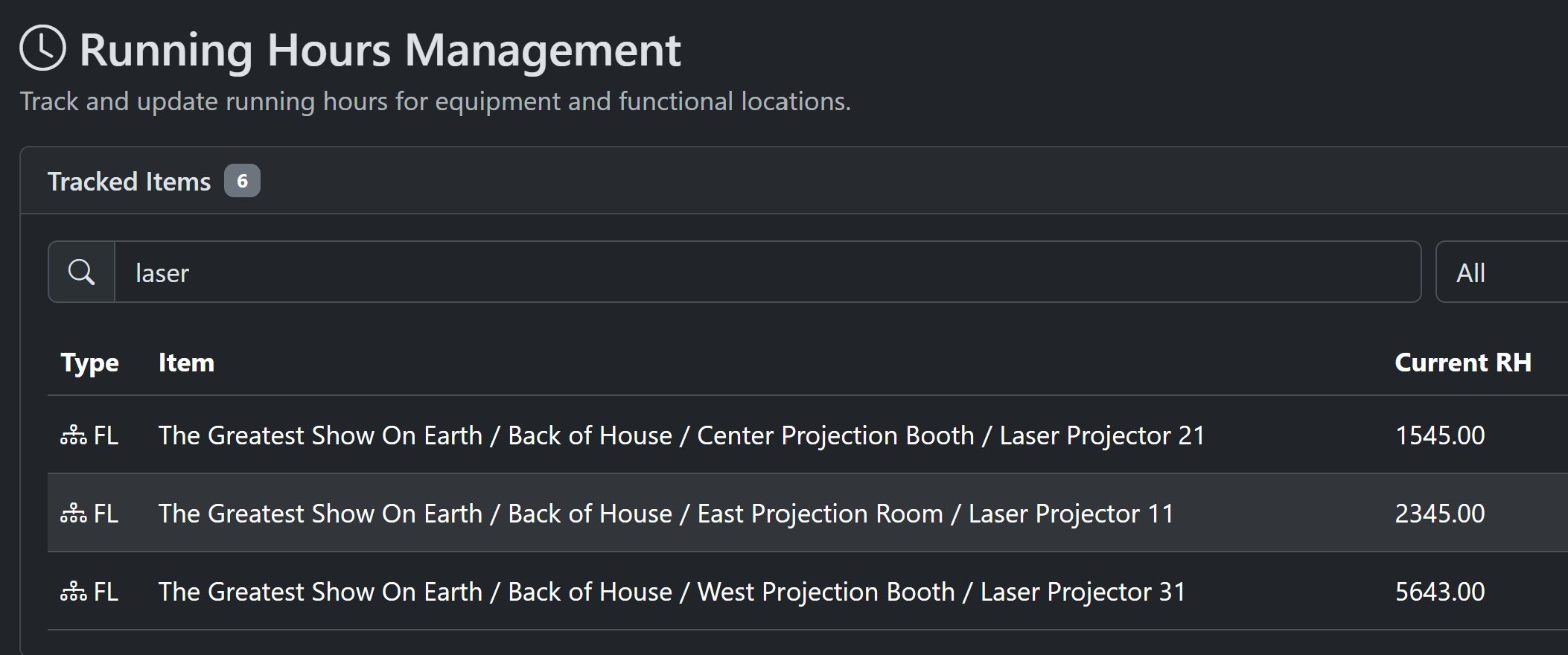 Running hours screenshot