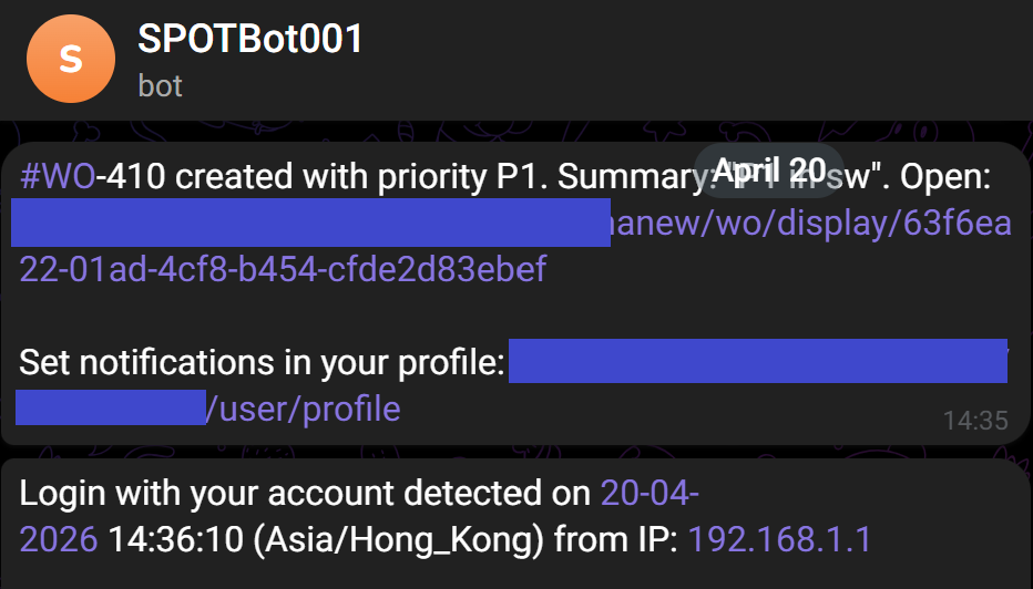 Telegram integration screenshot