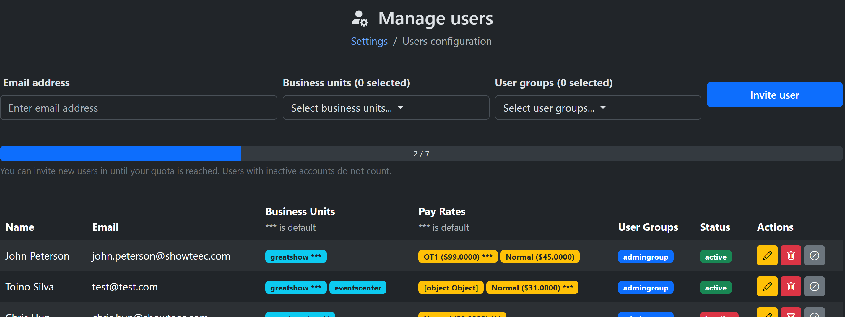Users screenshot
